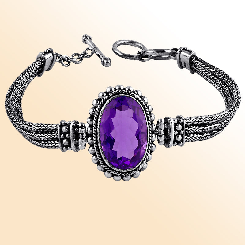 AB-1021-AM Sterling Silver Bracelet With Amethyst Q. Jewelry Bali Designs Inc