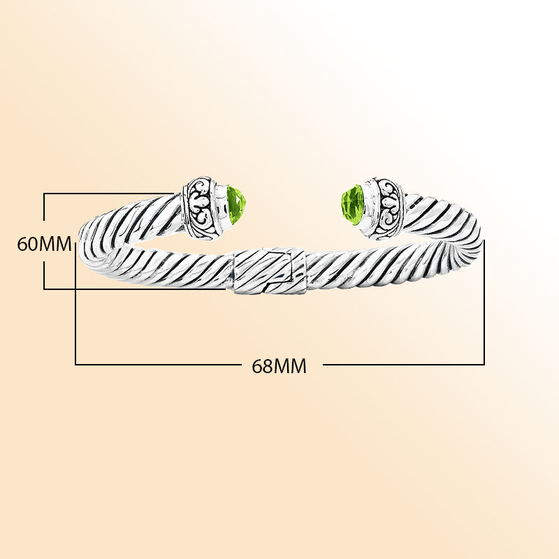 "Handcrafted sterling silver peridot cuff Bangle with twisted cable rope design and Balinese scrollwork"