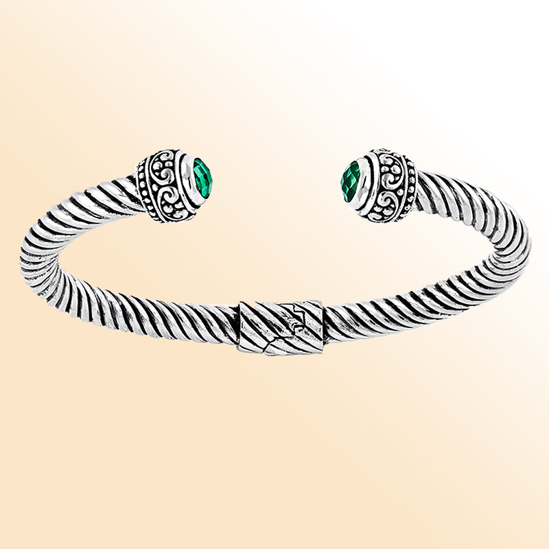 Handmade sterling silver Balinese cuff bangle with round green quartz and twisted rope design