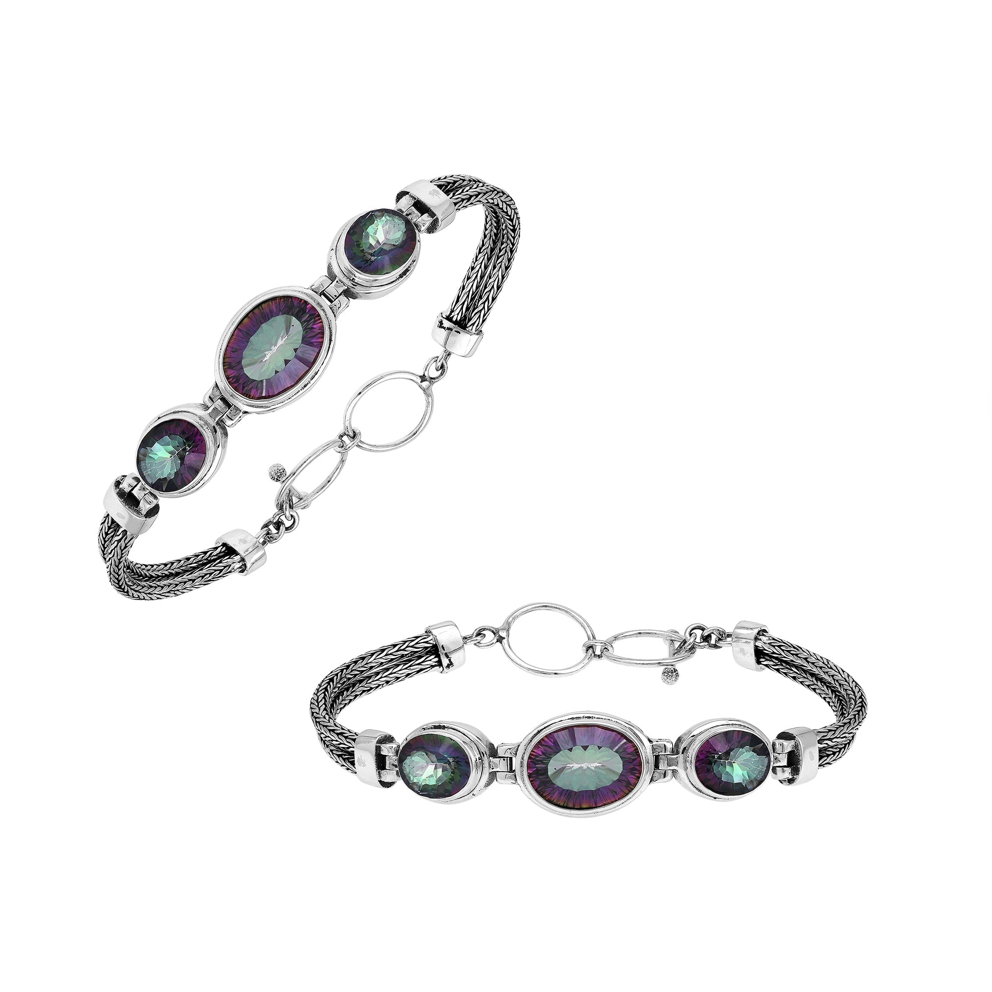 Handcrafted silver bracelet with mystic quartz stones in woven Bali design.
