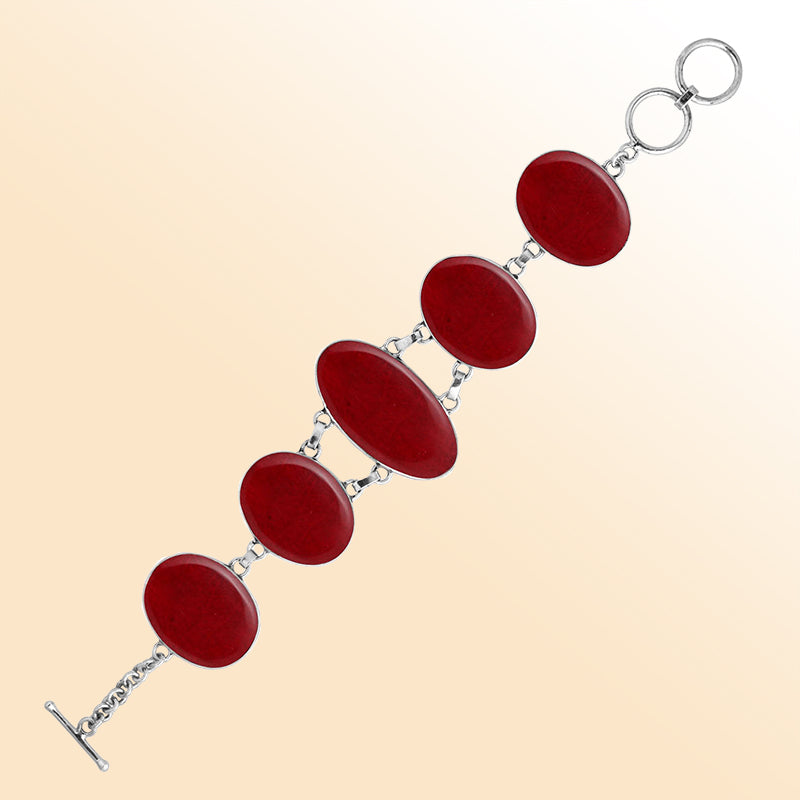Handmade coral and sterling silver bracelet with oval panels, bold red jewelry from Bali