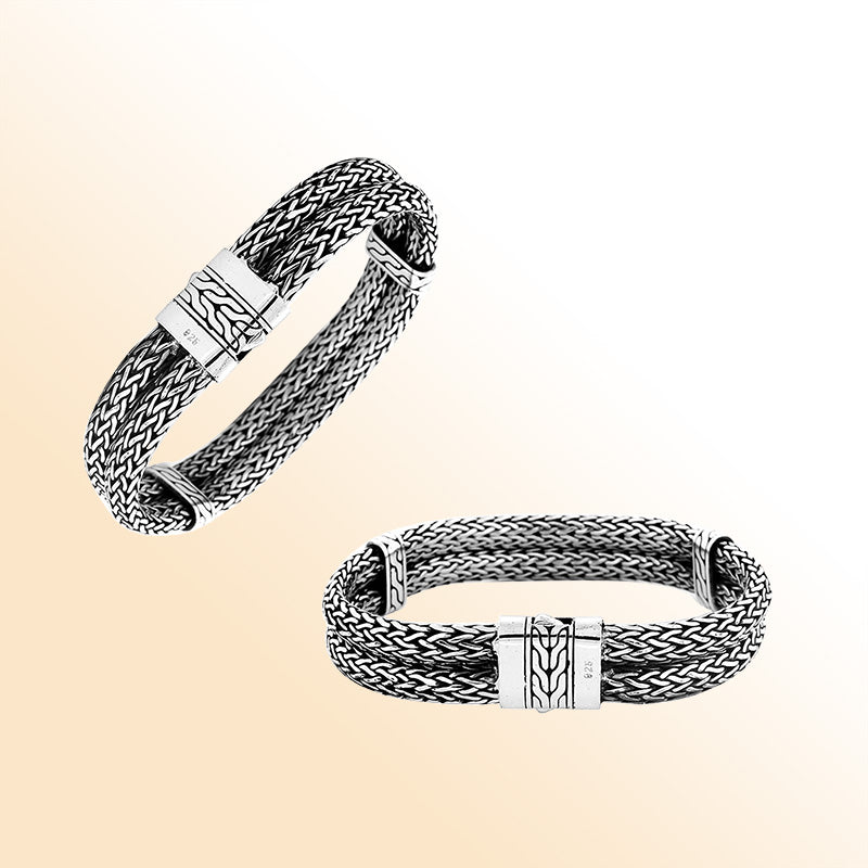 Sterling silver 4x6 mm handcrafted woven mesh Bali bracelet with oxidized detailing and secure clasp.