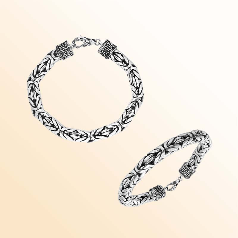 Sterling silver 8 mm handcrafted Bali Byzantine bracelet with oxidized polish and secure hook clasp.