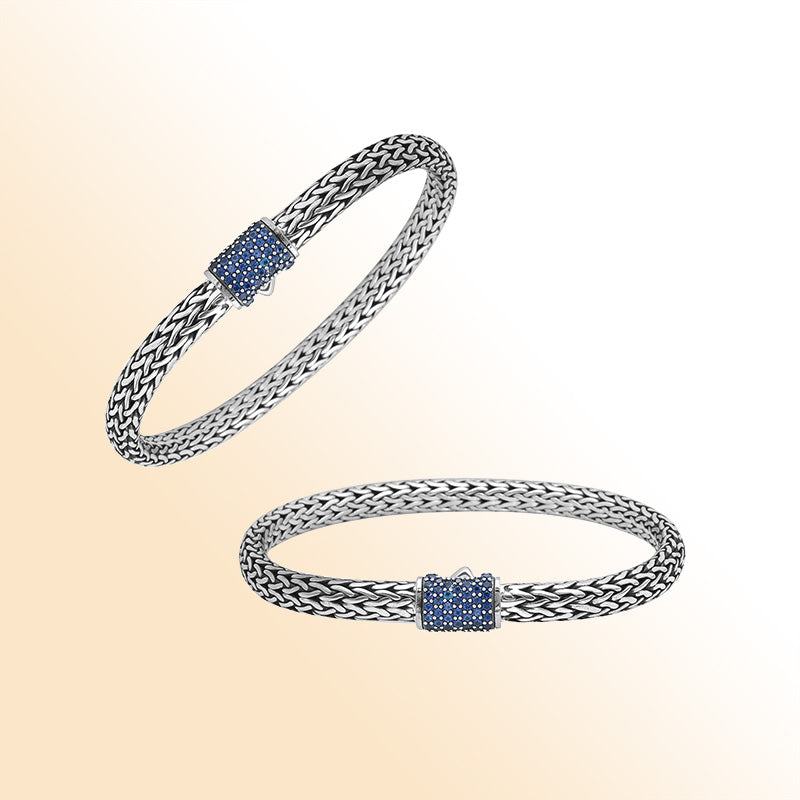 Sterling silver 4x6 mm handcrafted Bali bracelet with Blue Topaz Quartz clasp and oxidized detailing.