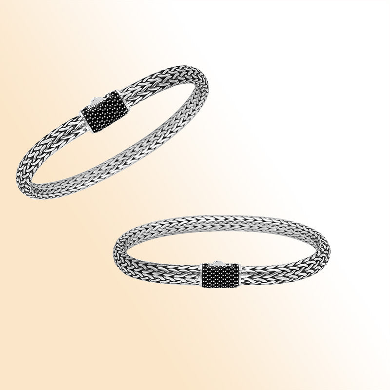 Sterling silver 4x6 mm handcrafted Bali bracelet with Black Cubic Zirconia clasp and oxidized finish.