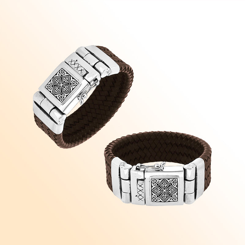 Brown Leather sterling silver braided bracelet with engraved box clasp