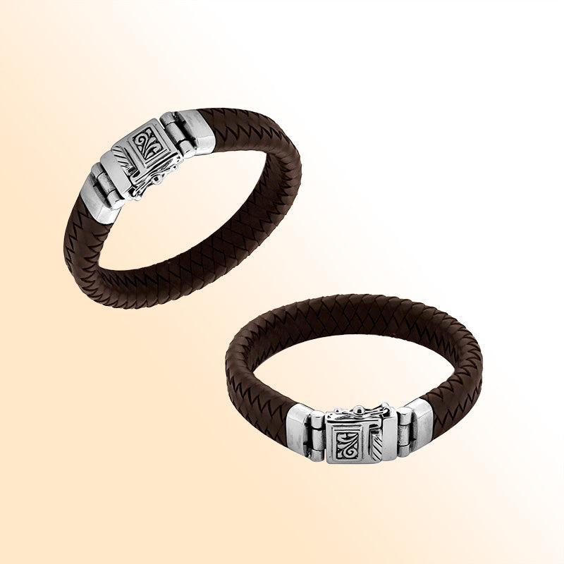 Brown Leather sterling silver braided bracelet with carved box clasp