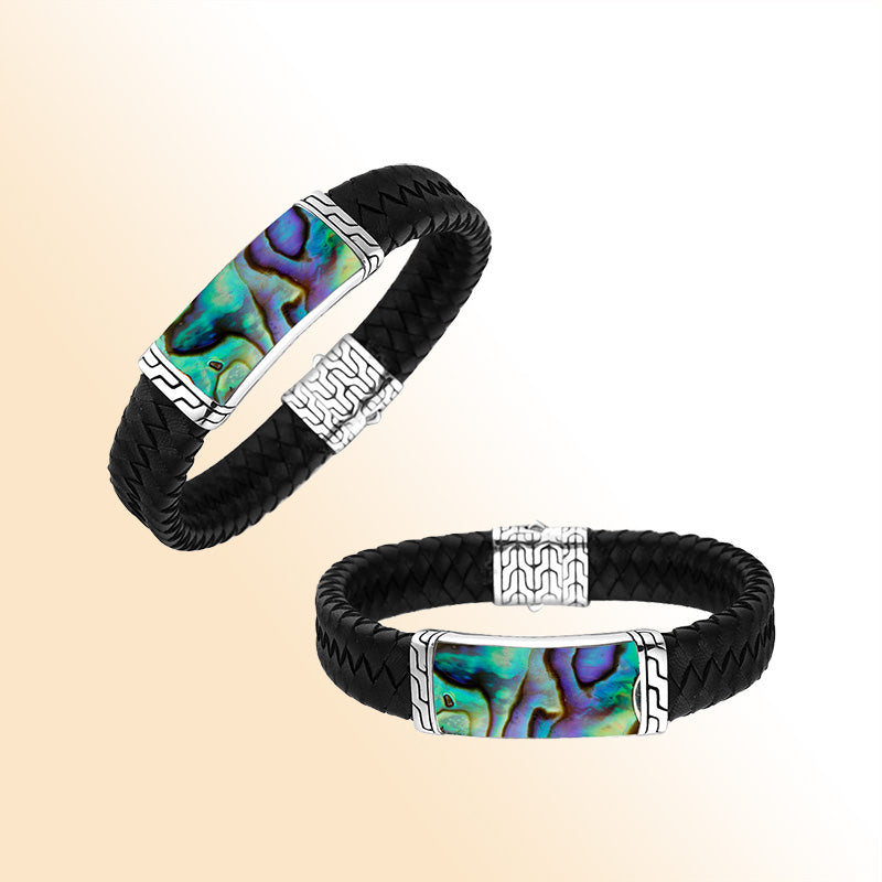 Black Leather sterling silver braided bracelet with abalone shell inlay