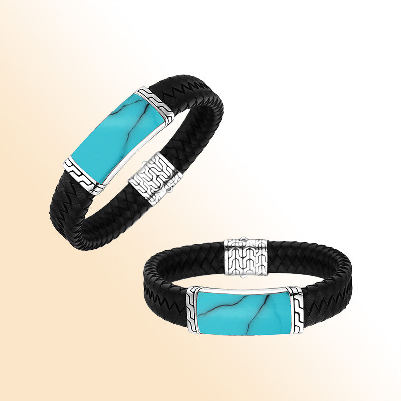 Black Leather Bracelet With Sterling Silver And Turquoise Shell