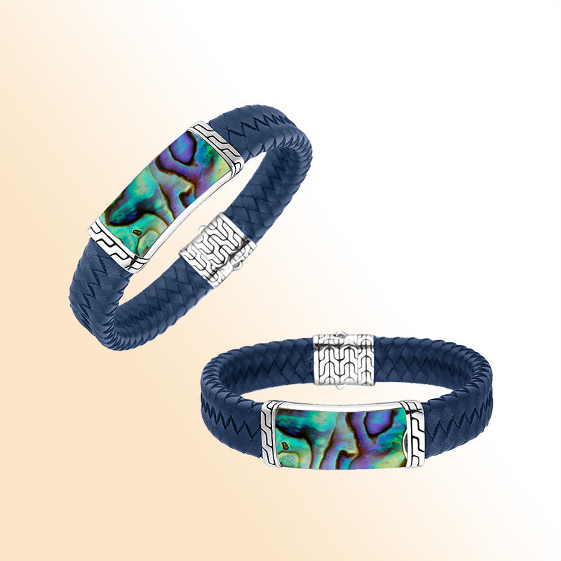 Blue Leather Bracelet With Sterling Silver And Abalone Shell