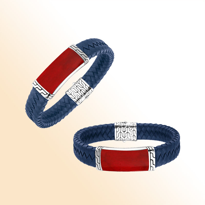 Blue Leather Bracelet With Sterling Silver And Red Coral