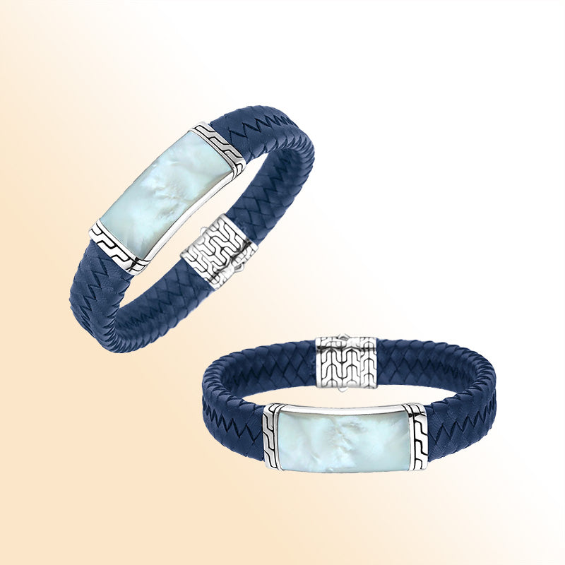 Blue Leather Bracelet With Sterling Silver And Mother Of Pearl
