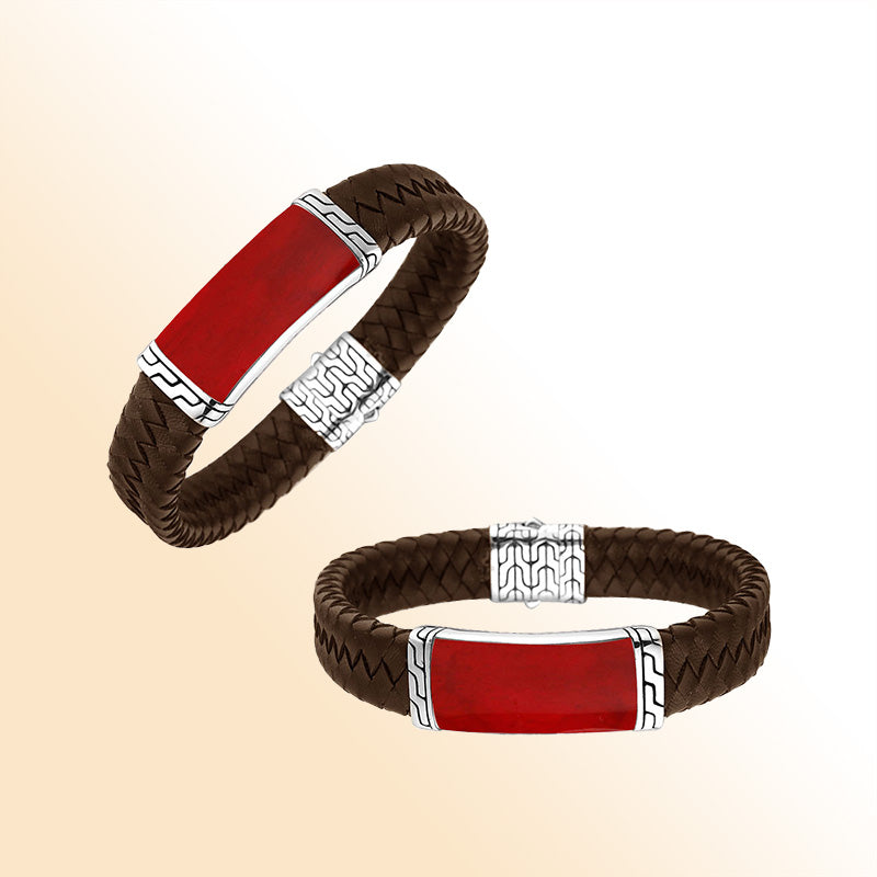 Brown Leather Bracelet With Sterling Silver And Red Coral