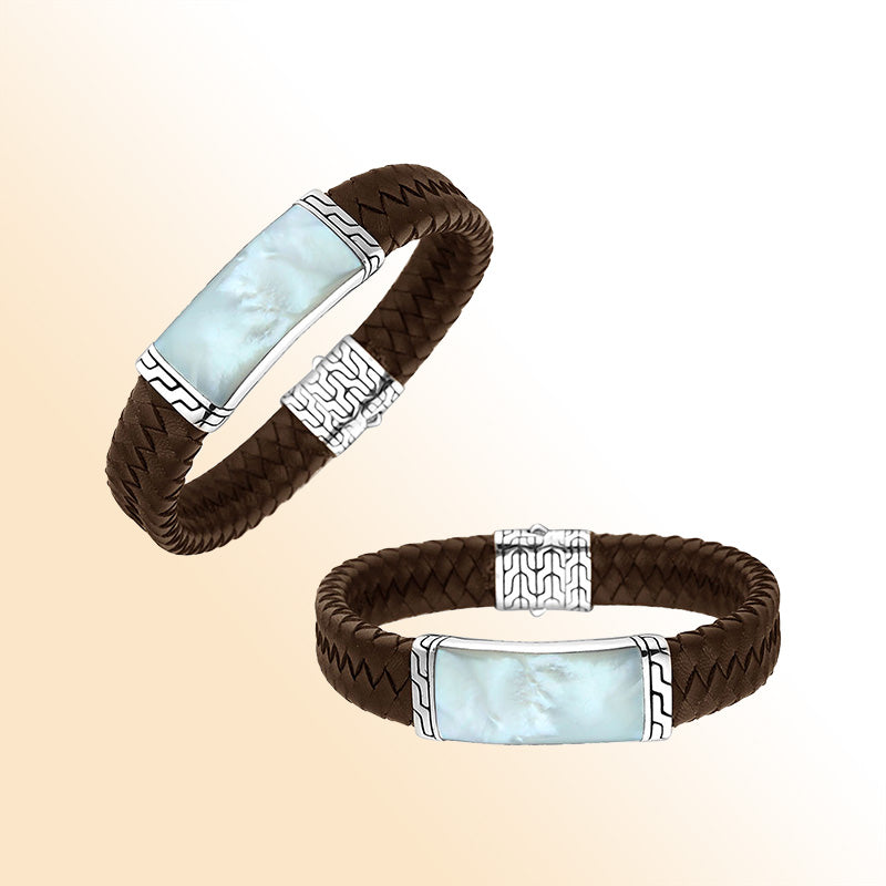 Brown Leather Bracelet With Sterling Silver And Mother Of Pearl