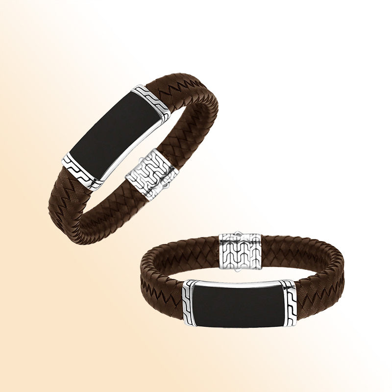 Brown Leather Bracelet With Sterling Silver And Black Shell