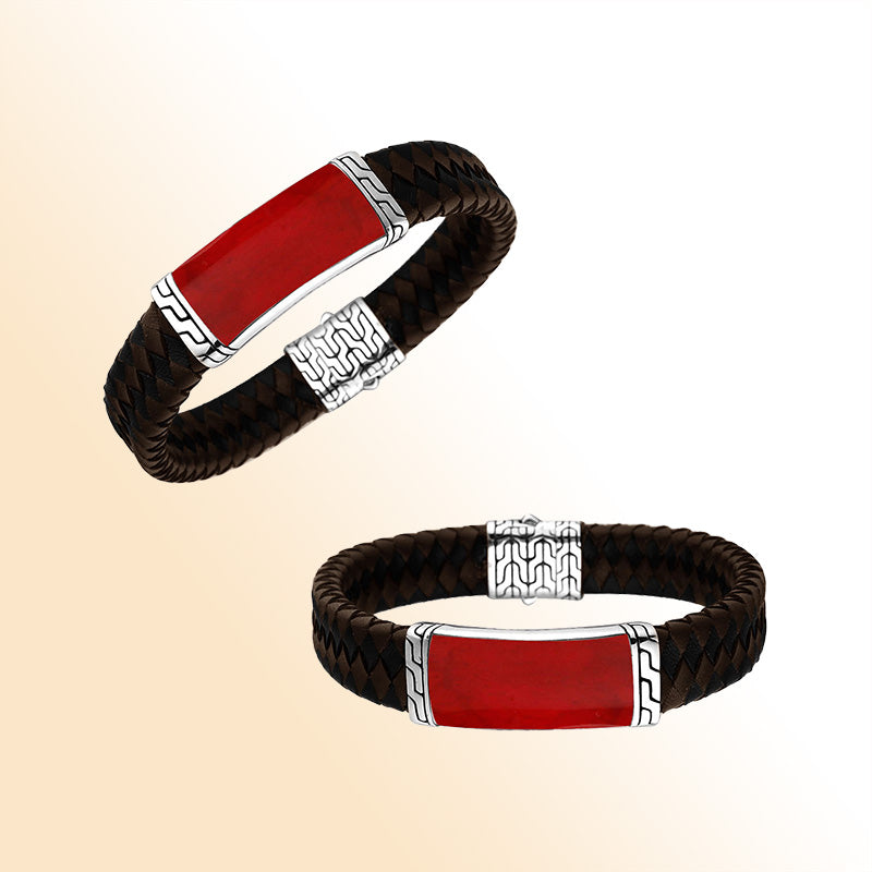 Mix Leather Bracelet With Sterling Silver And Red Coral