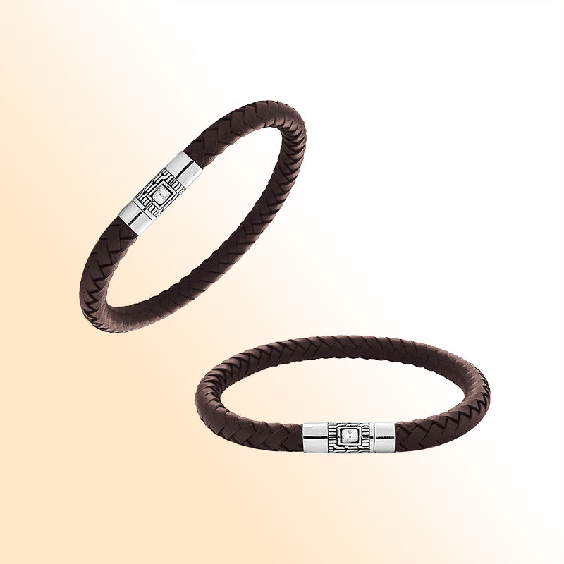 Men’s classic brown leather bracelet with sterling silver push lock handcrafted in Bali.