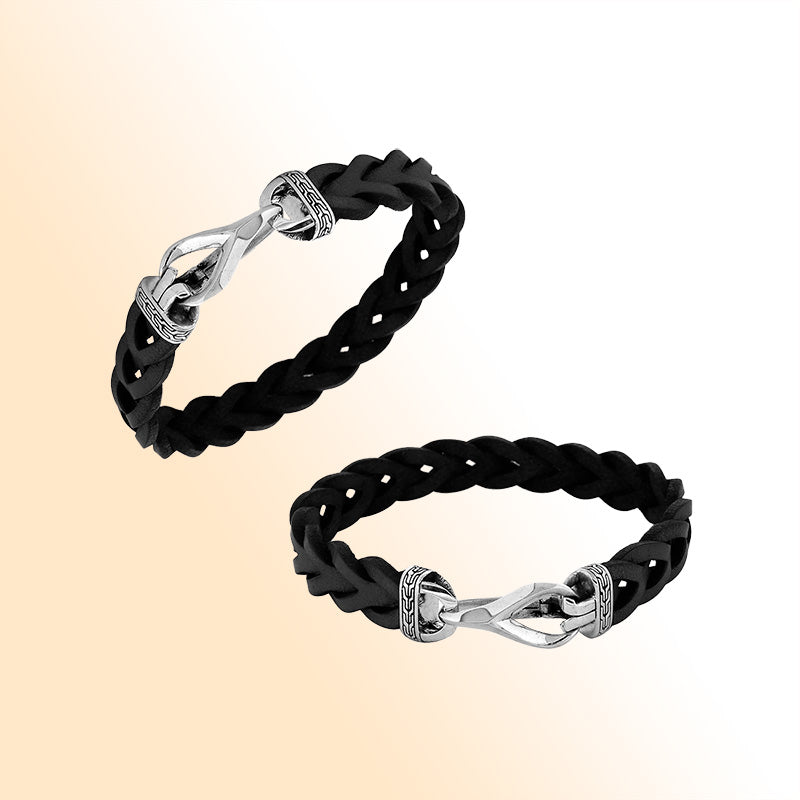 Men’s black braided leather bracelet with sterling silver hook lock handcrafted in Bali.