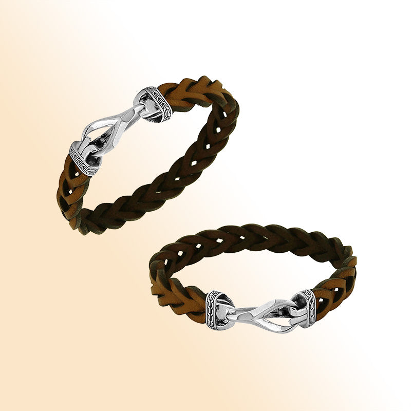 Men’s cognac brown braided leather bracelet with sterling silver hook lock handcrafted in Bali.
