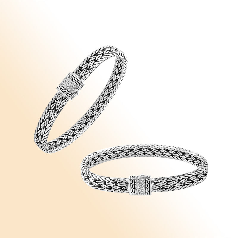 Handcrafted sterling silver 3x8 mm woven bracelet with push clasp made in Bali.
