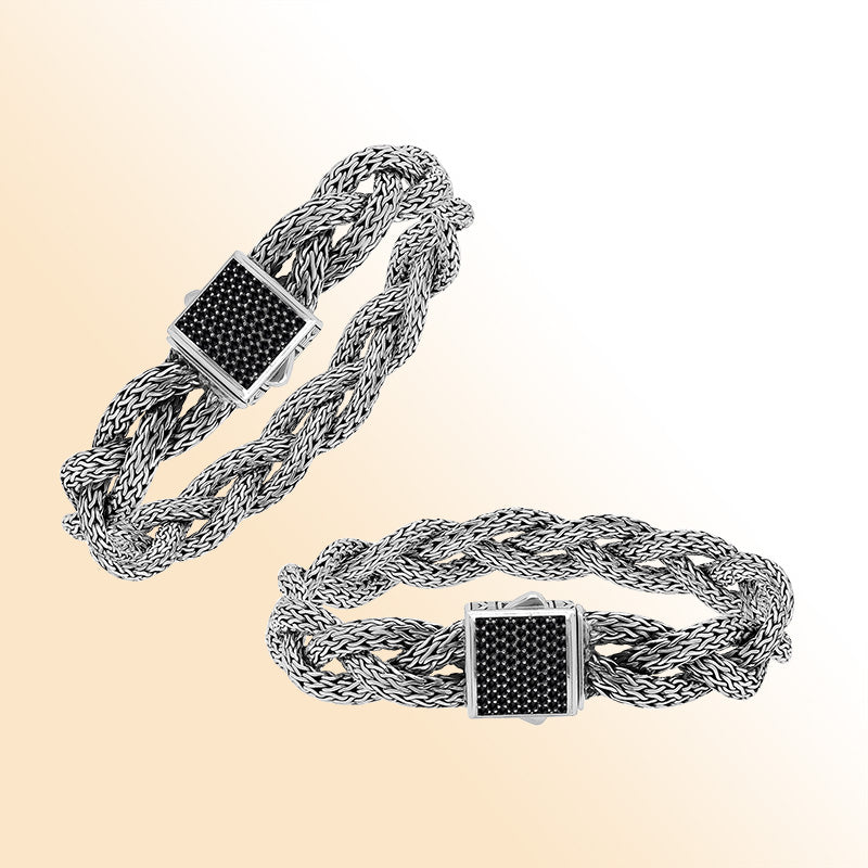 Sterling Silver Twisted Bracelet With Black Zirconia Square Clasp