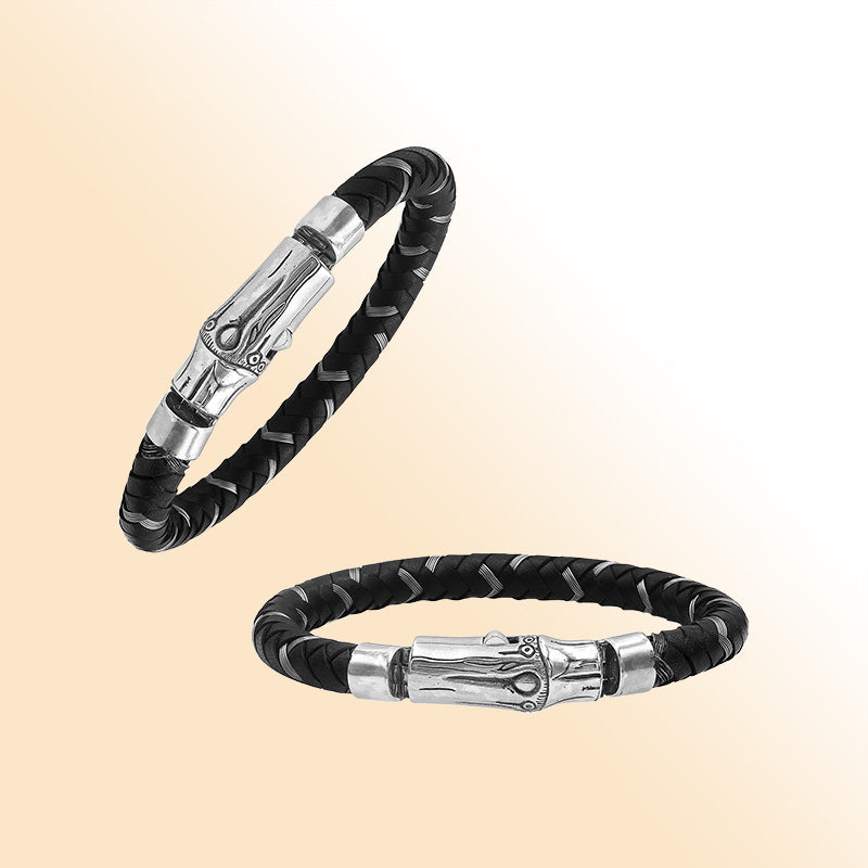 Sterling silver black leather braided bracelet with high polish clasp handcrafted in Bali