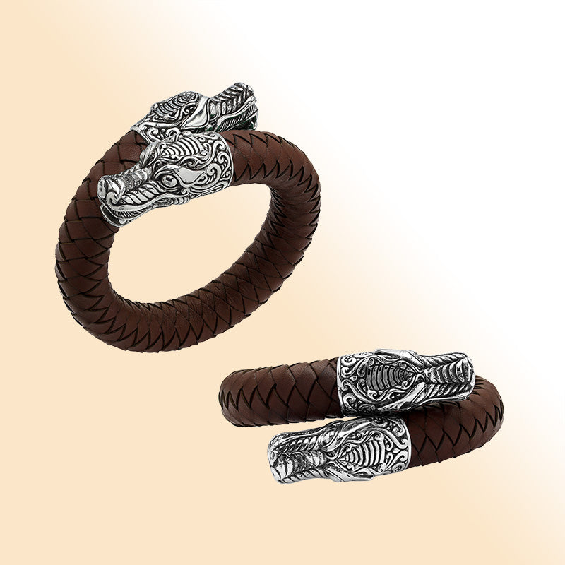 Balinese 925 Sterling Silver Dragon Head Bracelet With Brown Leather For Men