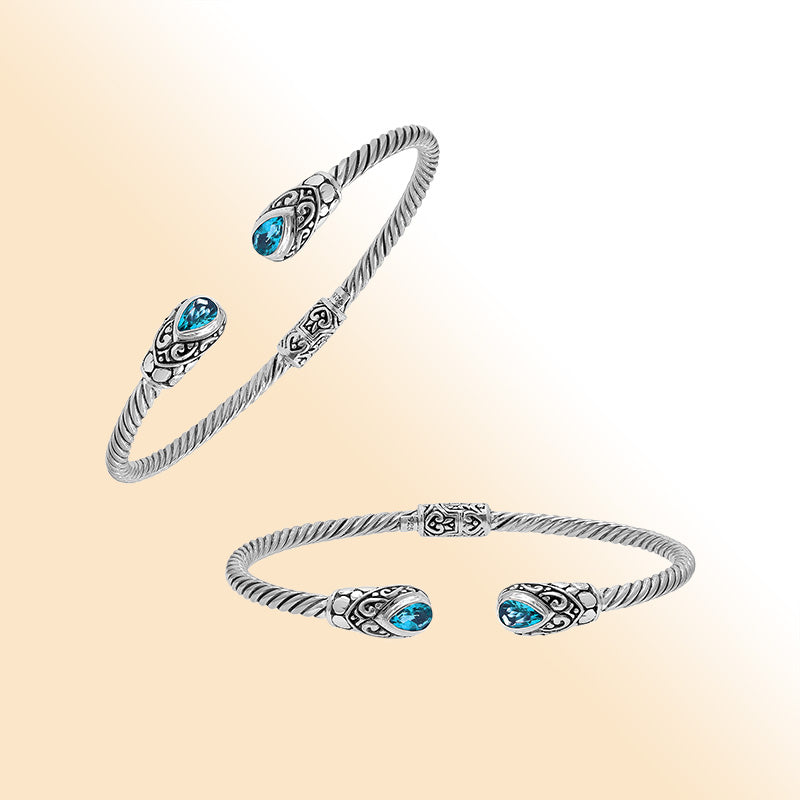 Balinese Blue Topaz Quartz Silver Bangle With Twisted Cable Design And Hinge Lock