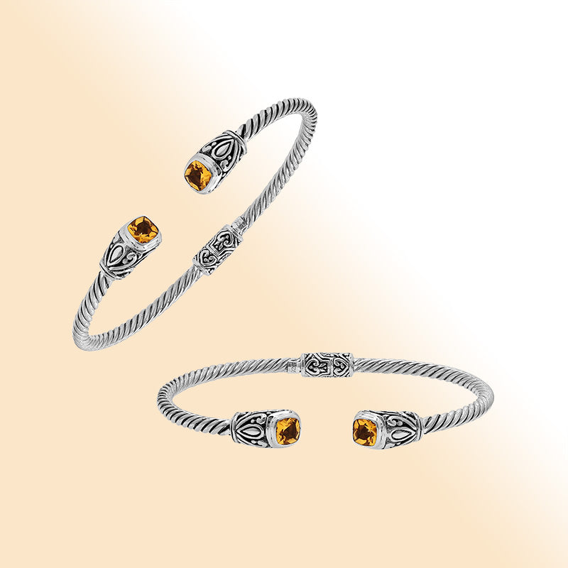 Sterling silver Balinese cuff bangle with Citrine Quartz accents and ornate scroll design.