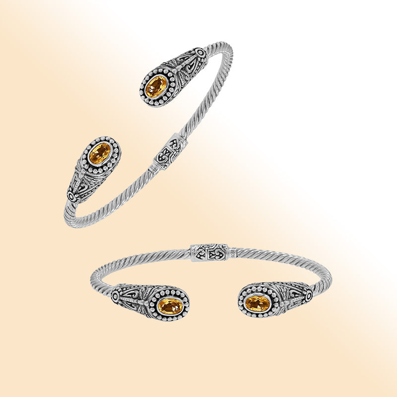 Sterling silver Balinese cuff bangle with Citrine Quartz accents and ornate scroll design.