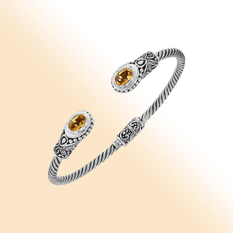 Sterling silver Balinese bangle with Citrine Quartz stones and ornate beaded scrollwork.