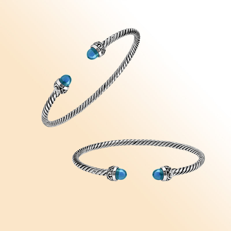 Sterling Silver Twisted Bangle With Blue Topaz Quartz End Caps For Retail