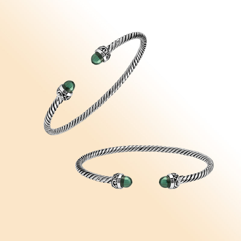 Sterling Silver Twisted Bangle With Green Amethyst Quartz End Caps For Retail