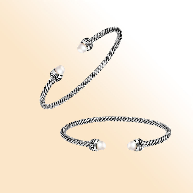 Sterling Silver Twisted Bangle With Pearl End Caps