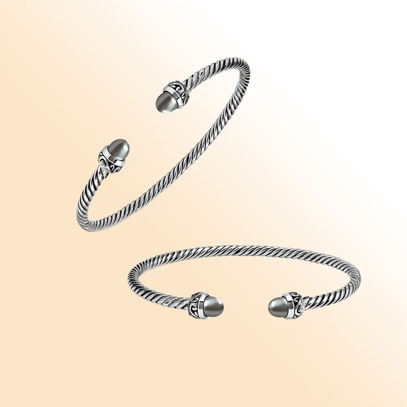 Handcrafted Sterling Silver Twisted Cable Bangle With Gray Mabe Pearls and Oxidized Tribal Detailing.