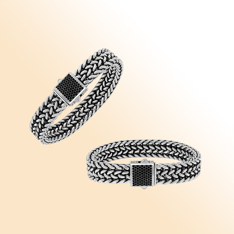 Sterling silver Bali weave heritage bracelet with black cubic zirconia clasp handcrafted in Bali, Indonesia.