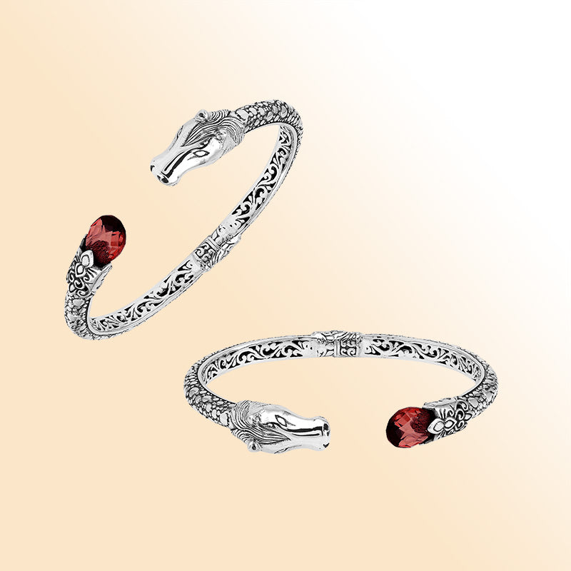 Handcrafted sterling silver dragon head bangle with Garnet Quartz from Bali featuring detailed filigree and antique finish.