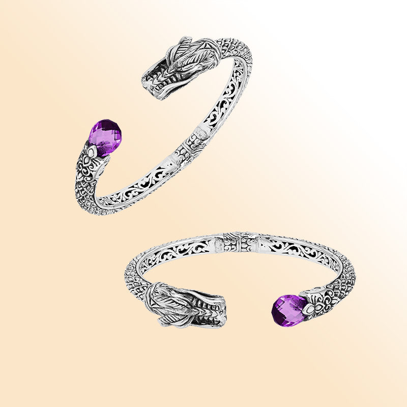 Sterling silver dragon spirit cuff bracelet with amethyst quartz handcrafted in Bali