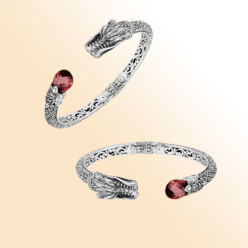 Sterling silver dragon spirit cuff bracelet with garnet quartz handcrafted in Bali