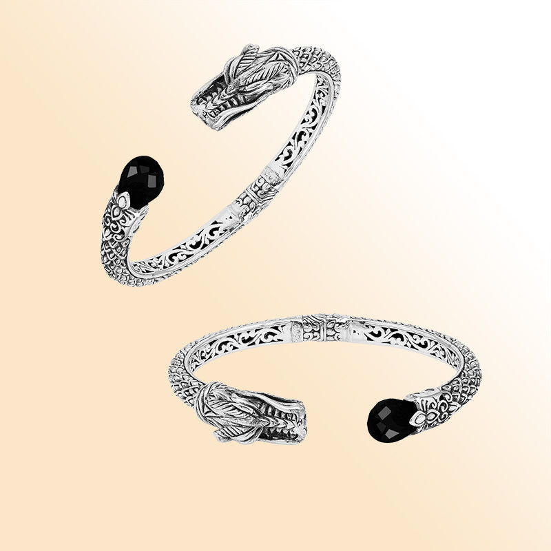 Sterling silver dragon spirit cuff bracelet with black onyx handcrafted in Bali