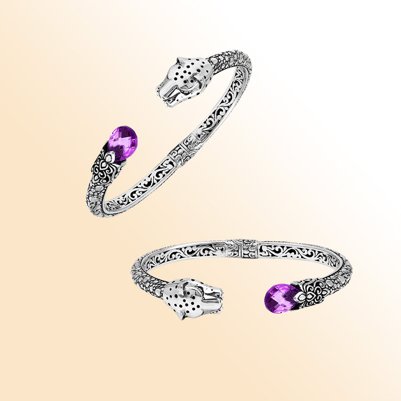 Handcrafted sterling silver cuff with amethyst quartz and panther head design made in Bali.