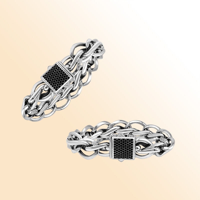 Sterling silver heavy chain bracelet with a square Black Cubic Zirconia centerpiece, polished finish, and push clasp offering a bold, stylish daily-wear accessory.