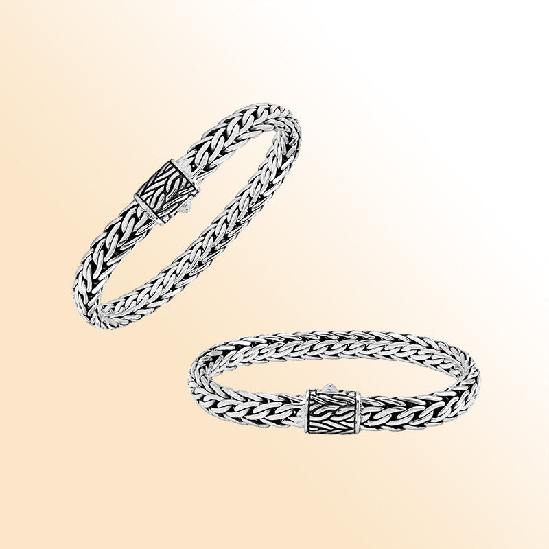 Sterling Silver Wheat Chain Bracelet With Oxidized Finish Handcrafted In Bali