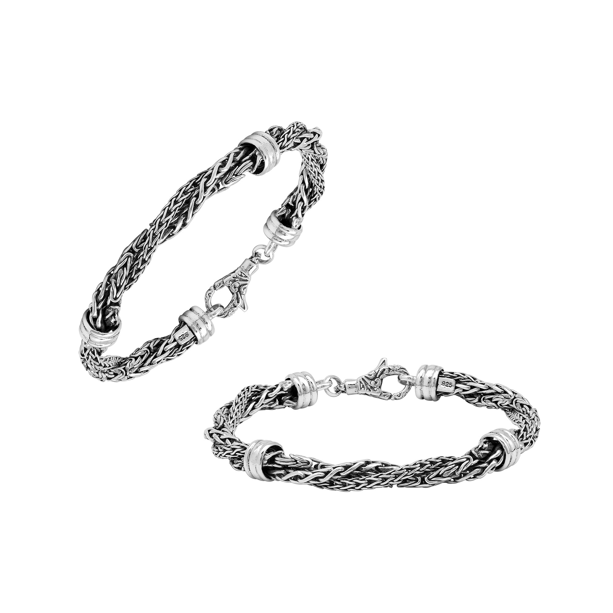 Sterling Silver bracelet with a twisted woven pattern, polished connectors, and an ornate lobster clasp, offering expressive texture, handcrafted detail, and a high-gloss finish.