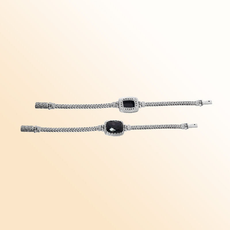 Elegant sterling silver bracelet with Black Onyx, woven chain texture, Balinese decorative frame, and push clasp.