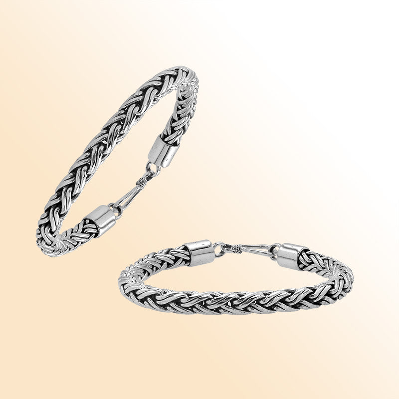 Handcrafted sterling silver Balinese bracelet with thick wheat chain design and hook clasp.