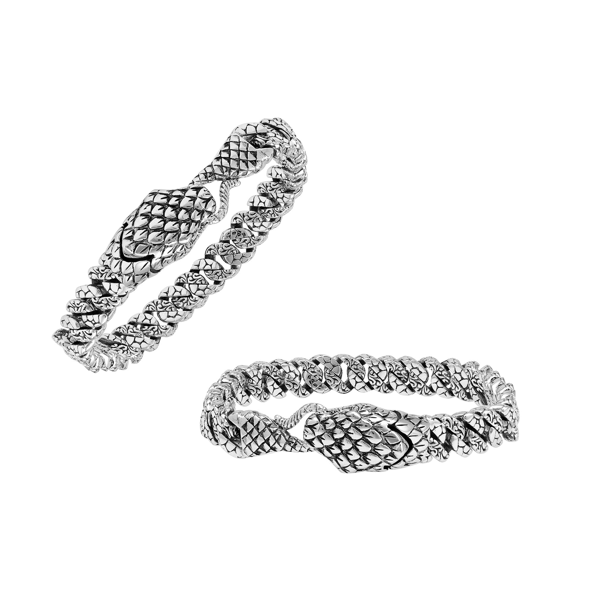 Handcrafted sterling silver dragon-scale bangle featuring a woven chain design, detailed Balinese artistry, and a secure hook lock for bold everyday styling.