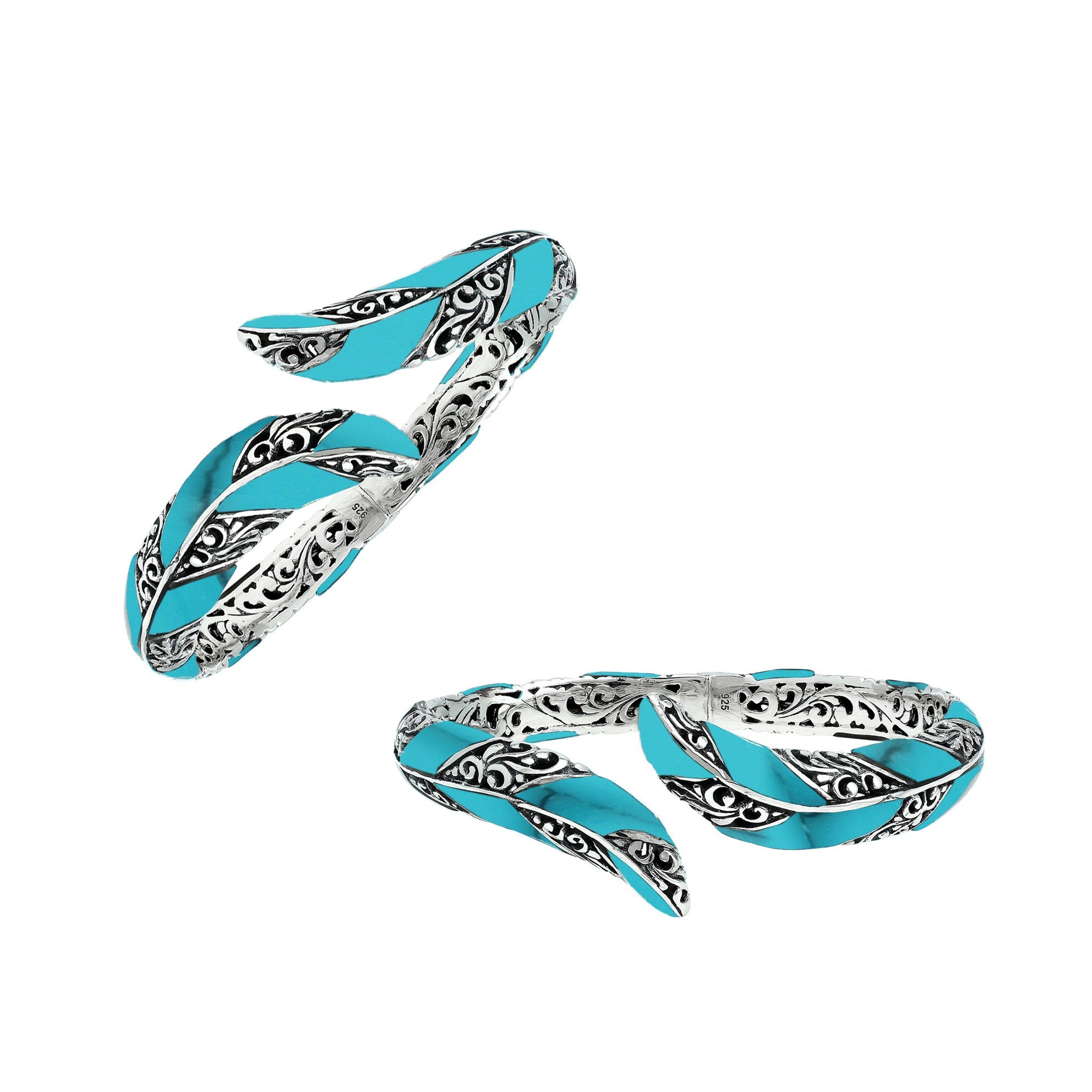 Handcrafted sterling silver feather-inspired bangle featuring vibrant Turquoise Shell inlays, intricate Balinese scroll engravings, and a secure hinge lock for colorful, expressive artisan wear.