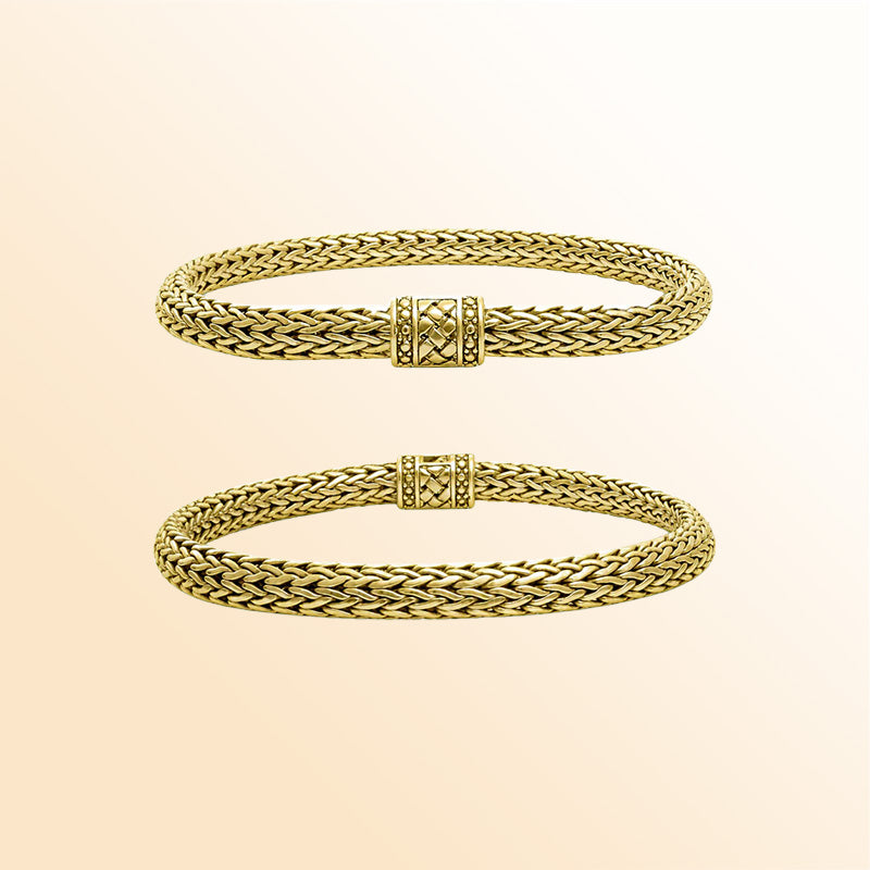18K gold woven Bali chain bracelet featuring an artistic push clasp and high-polish finish, designed for women who enjoy refined luxury jewelry.