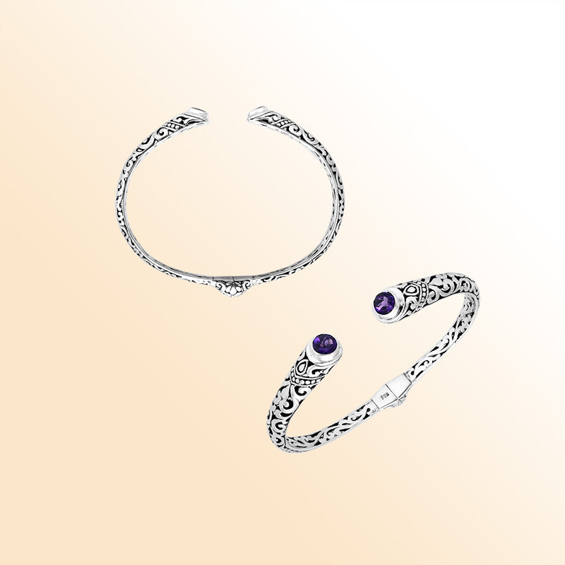 Sterling silver Bali engraved hinge cuff bracelet featuring radiant amethyst quartz stones and polished–oxidized detailing, crafted for individuals who value expressive and artistic handcrafted jewelry.